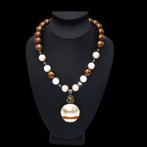Chunky 925 Mother of Pearl Topaz Pendant Pearl Beads Necklace Sterling Silver